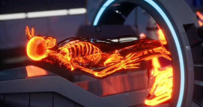 A human skeleton is displayed in a modern scanning machine, illustrating the intricate anatomy of the body. Bright colors highlight key features, aiding in understanding human structure.