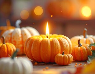 Lit candle in pumpkin, surrounded by gourds, warm bokeh glow, autumn harvest scene