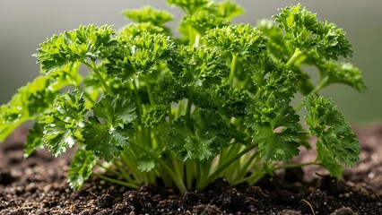 Obraz premium Fresh parsley plant growing in soil