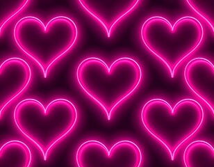 黒い背景にピンクのネオンのハート模様のシームレス背景	