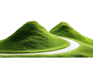 A winding path gracefully curving through two vibrant green hills against a crisp white background