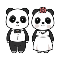 Cute kawaii panda bride and groom smile sweetly, wearing tiny wedding outfits, holding paws with hearts around, pastel colors, charming and joyful love scene.
