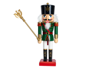 Soldier-like figurine in green coat, holding a golden staff, atop a red base