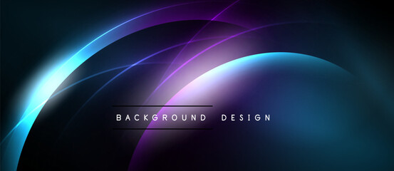Abstract dark blue purple design. Glowing lines create dynamic curves, modern aesthetic. Text reads background design.