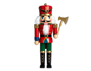 Festive soldier figure with red and green uniform, holding an axe