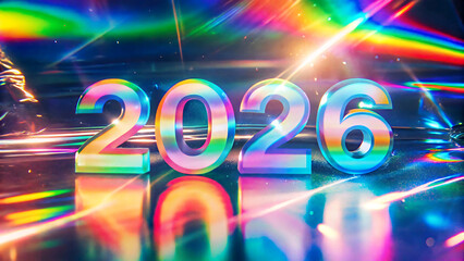 Colorful holographic text "2026" with rainbow light streaks on a futuristic background