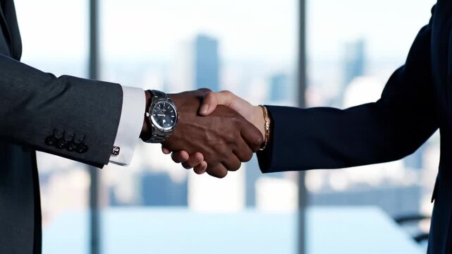 Close-up of diverse business people shaking hands to seal a partnership deal in modern high-rise office with city skyline