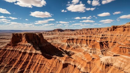 A breathtaking view of the vast red rock canyons under a bright blue sky with white clouds.