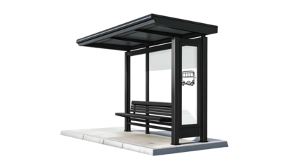 A modern, black bus stop shelter with a bench and an advertising space, isolated on black