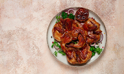 fried, quail meat, tobacco (tapaka), with spices, homemade, no people,