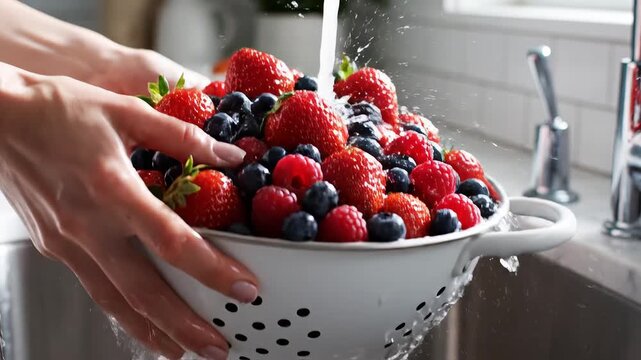 Fresh berries being washed in a colander