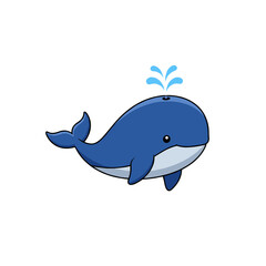 Fototapeta premium Adorable Little Blue Whale Marine Animal Spouting Water Cartoon Vector Illustration Isolated on White Background for Kids Design