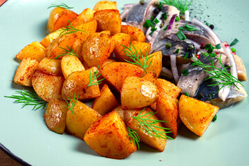 new potatoes, with pickled herring, and red onions, homemade, no people,