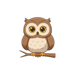 Adorable Little Brown Owl Bird Sitting on a Branch Cartoon Vector Illustration with Big Eyes Isolated on White Background
