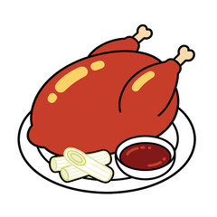 Roasted whole chicken on a plate with dipping sauce and leeks minimalist cartoon vector illustration for holiday food and dinner