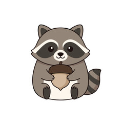 Cute adorable fat raccoon cartoon animal holding an acorn minimalist vector illustration graphic design for children and nature