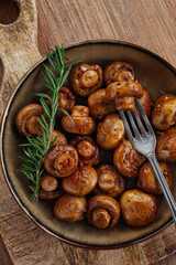 fried mushrooms, with spices, in soy sauce, vegetarian food, homemade, no people,