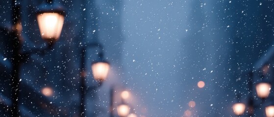festive winter city night, street lights with snow falling, cinematic mood, cozy holiday atmosphere