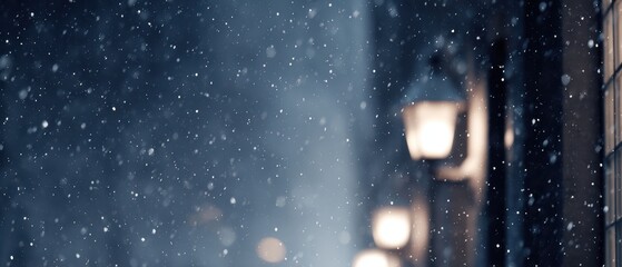 festive winter city night, street lights with snow falling, cinematic mood, cozy holiday atmosphere