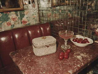 a marble countertop with a silver clutch purse, a cocktail glass with cherries, and a plate of cherries. The background features a mosaic tile backsplash.