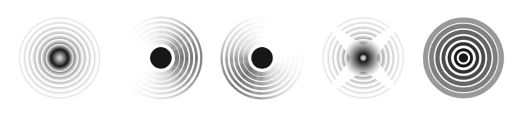 Black concentric circle. Sonar sound wave ring collection. Dotted and linear epicenter concept. Ripple radial vibration elements. Vector