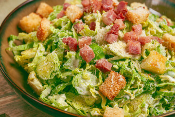 Brussels sprouts Caesar salad, with bacon and croutons, healthy food, homemade, no people,