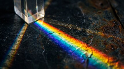 Obraz premium Crystal prism refracting light into a vibrant rainbow spectrum on a dark textured surface