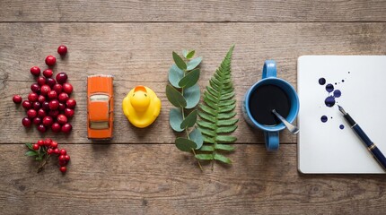 Fototapeta premium Colorful Everyday Objects and Natural Elements Arranged on a Rustic Wooden Surface