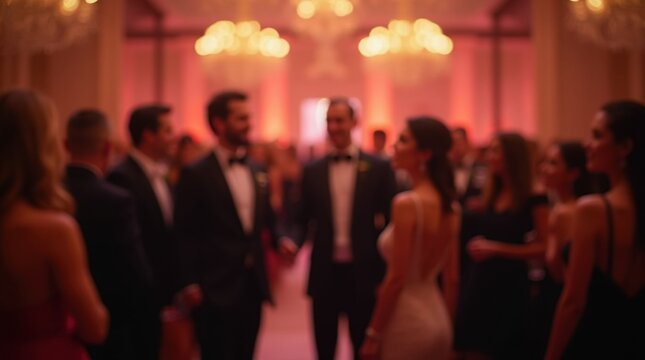 Elegant Gala Dinner or Formal Reception Event Background. Abstract blurred image of luxury corporate party or award ceremony with people in tuxedos and gowns