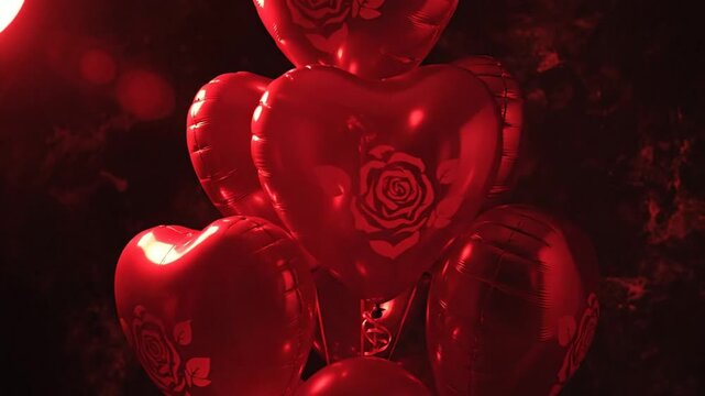 Red heart-shaped balloons with rose patterns in romantic setting for special occasion celebration