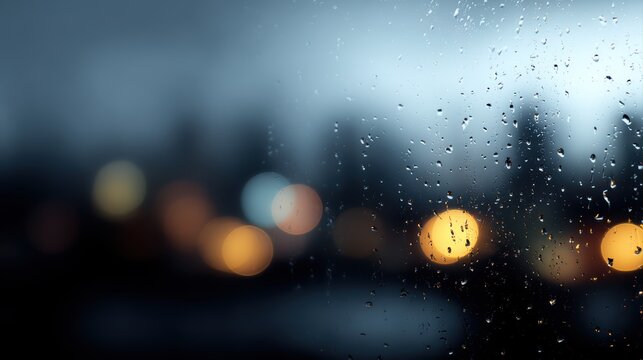 rain drops on window with blurred city lights, moody urban background, emotional atmosphere