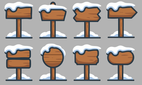 wood signs planks covered with snow, blank winter sign boards collection