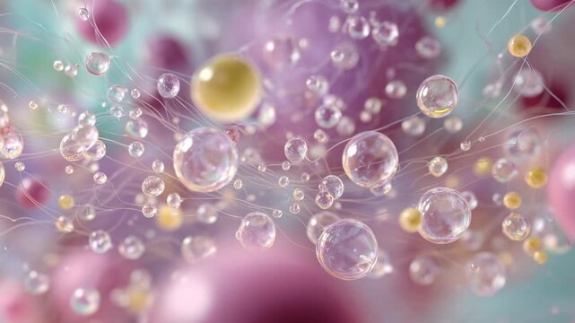 Hydrating centella ampoule effects abstract background digital art colorful bubbles close-up view skincare concept
