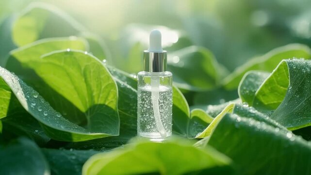 Hydrating centella ampoule nature's essence glass dropper bottle lush green environment close-up view skincare concept