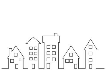 シンプルな街並みの線画ベクターイラスト｜住宅と都市の風景セット