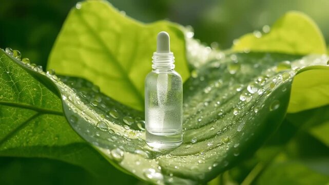 Nourishing centella ampoule dropper bottle on dewy green leaves nature close-up serene environment natural skincare concept