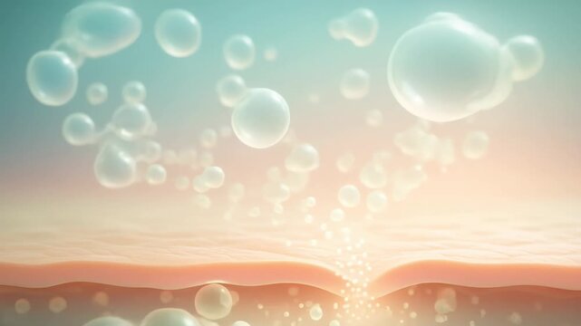 Refreshing centella ampoule bubbles serene beach sunset digital art calm atmosphere aerial view nature's essence