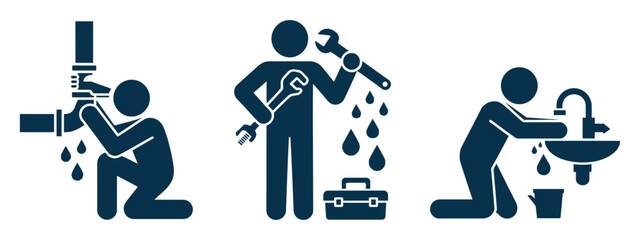 Plumber Assistance Icon professional vector symbol showing man with wrench near faucet sink and pipe with water drops representing plumbing maintenance repair service and skilled craftsmanship
