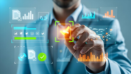 Business analytics and data visualization on a futuristic digital interface with charts and graphs