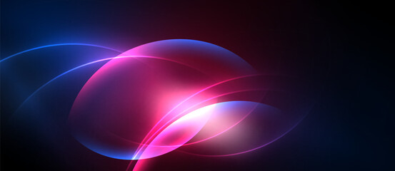 Obraz premium Abstract glowing curves, vibrant pinks, blues dominate dark background. Smooth gradients create dynamic visual effect.