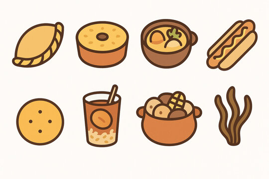 Chilean Traditional Food Icon Set Vector Illustration with Empanada, Pastel de Choclo and Local Dishes