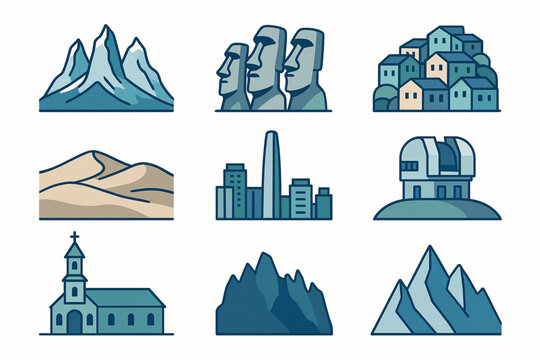Chilean Landmarks Icon Grid Vector Illustration with Torres del Paine, Moai and National Sites