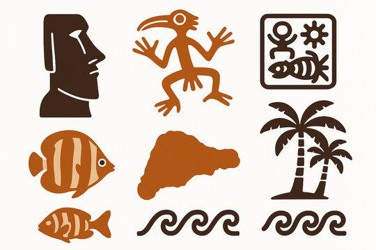 Rapa Nui Culture Icon Set Vector Illustration with Moai Statues and Polynesian Symbols