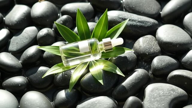 Centella ampoule essence on natural stones with green leaves serene nature setting close-up photography