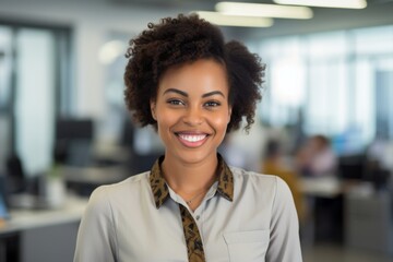 Professional smiling woman in an office setting with colleagues working in the background and natural light enhancing the atmosphere