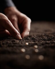 close up of hands planting small seed in soil, growth, sustainability, and future concept