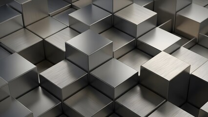 Chrome cubes in isometric arrangement with light reflecting from above on metal surface for abstract design digital image 3d illustration