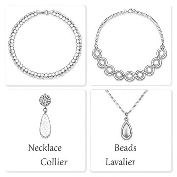 Collection Of Jewelry Illustrations With Labels Keywords: jewelry, necklace, collier, lavalier