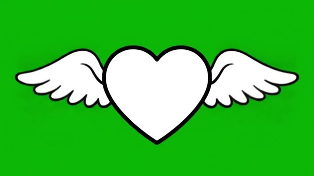 Animation of Winged Heart Flapping Its Wings, Drawn in Black and White on Green Screen Chroma Key Background