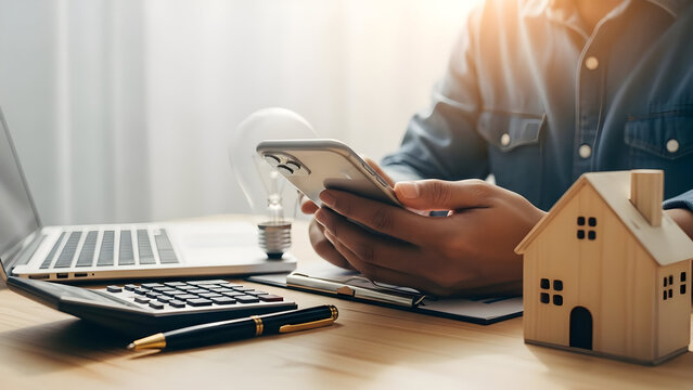 A person using a smartphone on a desk with a laptop, calculator, house model, and lightbulb, symbolizing financial planning or real estate investment